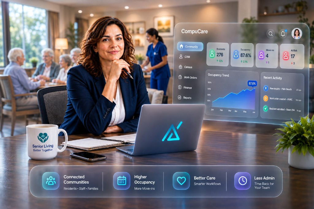 Senior living operations leader at work with AccellionX portfolio visibility across connected communities